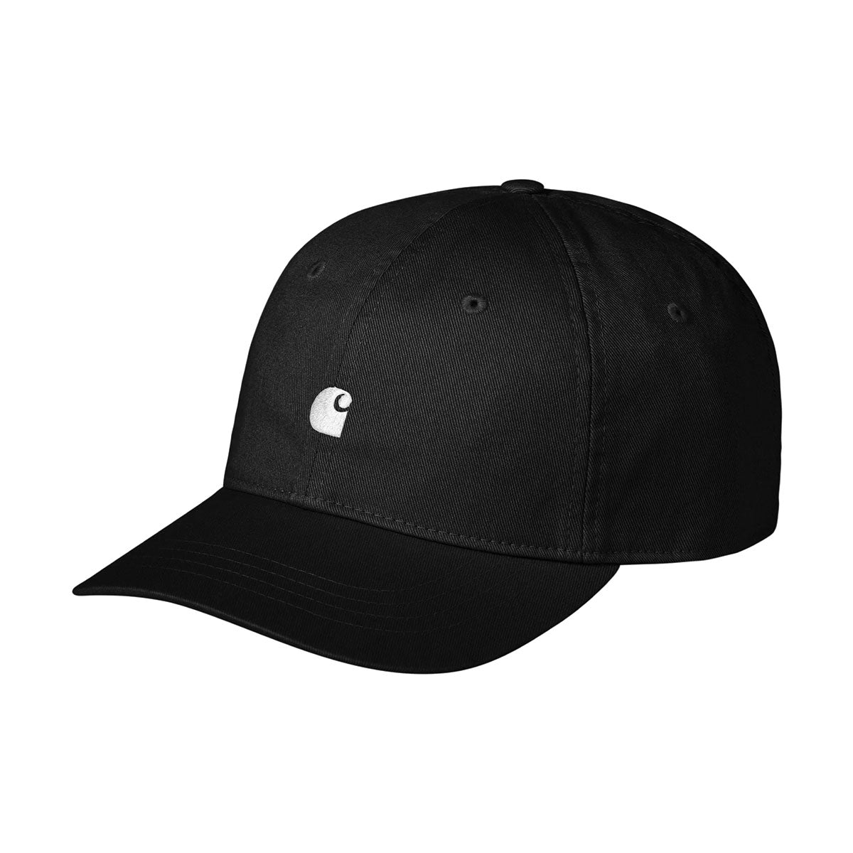 Black cap with a white logo on a white background