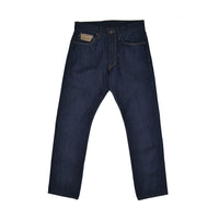 Pair of dark blue jeans on a white background