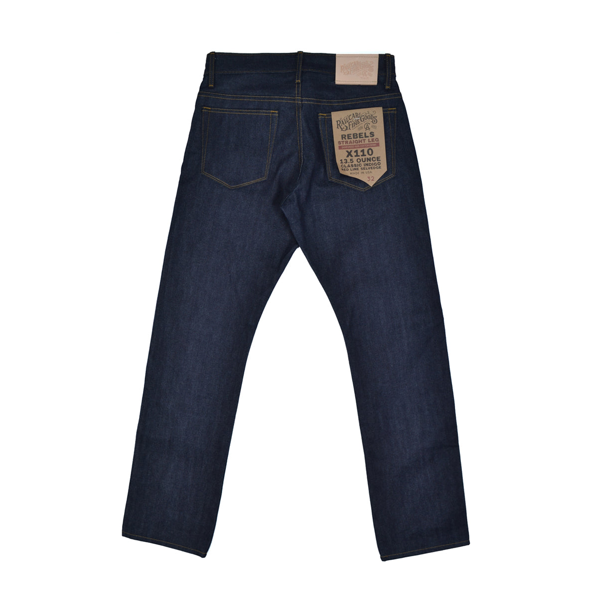 Dark blue jeans with a brand label on the back pocket against a white background