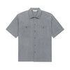 Gray short-sleeve shirt with button details on a white background