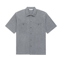 Gray short-sleeve shirt with button details on a white background