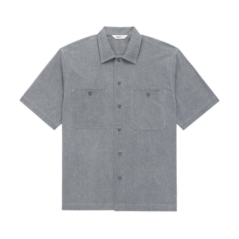 Gray short-sleeve shirt with button details on a white background
