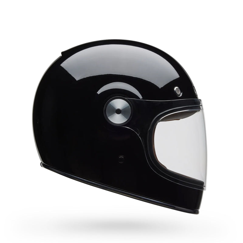 Black motorcycle helmet with clear visor on a white background