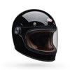 Black motorcycle helmet with brown interior on a white background