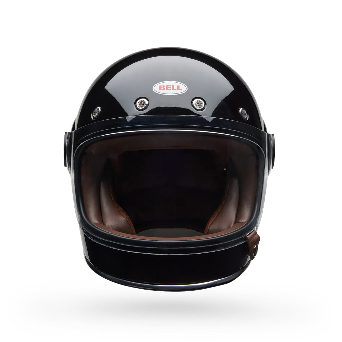 Black motorcycle helmet with brown interior on a white background