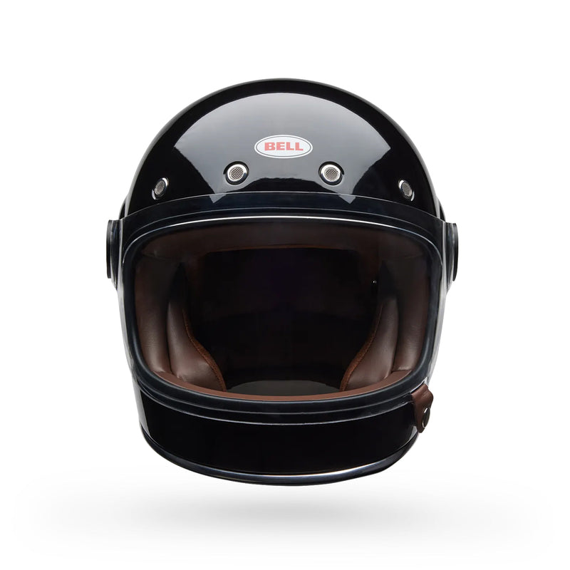 Black motorcycle helmet with brown interior on a white background