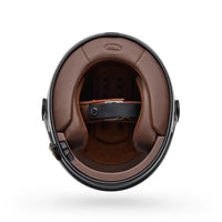 Inside brown motorcycle helmet liner on a white background