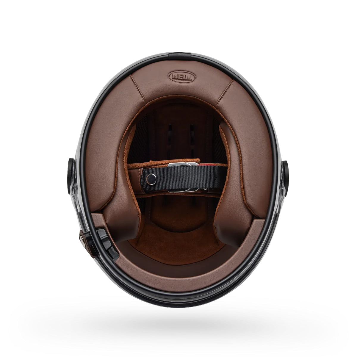 Inside brown motorcycle helmet liner on a white background