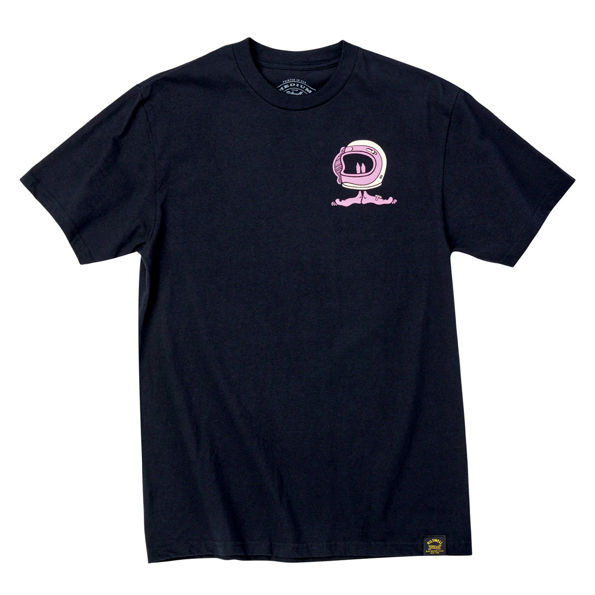 Black t-shirt with a pink and white graphic on a white background