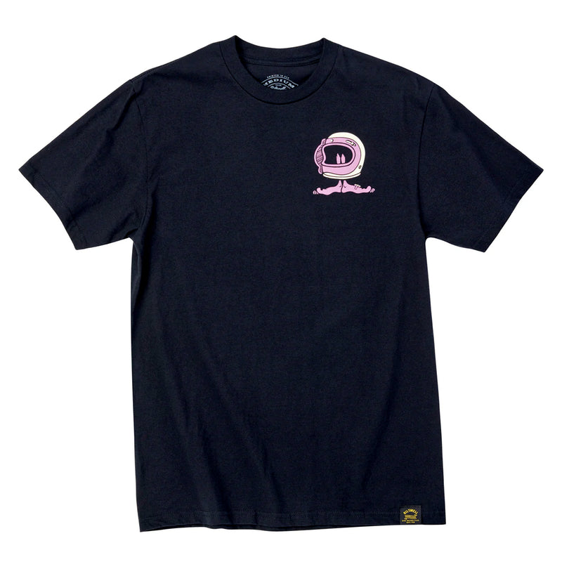 Black t-shirt with a pink and white graphic on a white background
