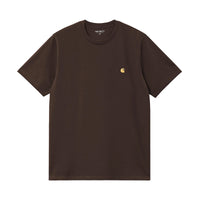 Brown t-shirt with a small yellow logo on a white background