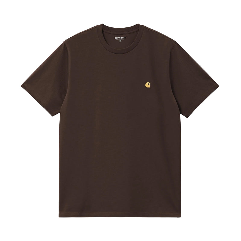 Brown t-shirt with a small yellow logo on a white background