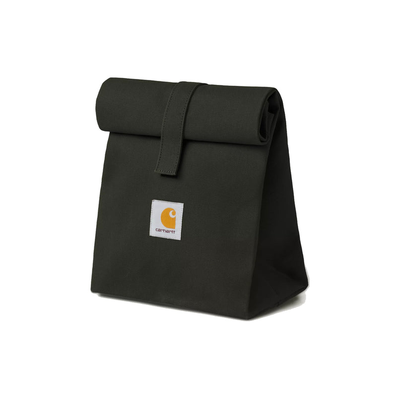 Olive lunch bag with a visible brand logo on a white background