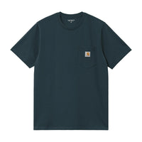 Dark blue t-shirt with a pocket and Carhartt logo on a white background