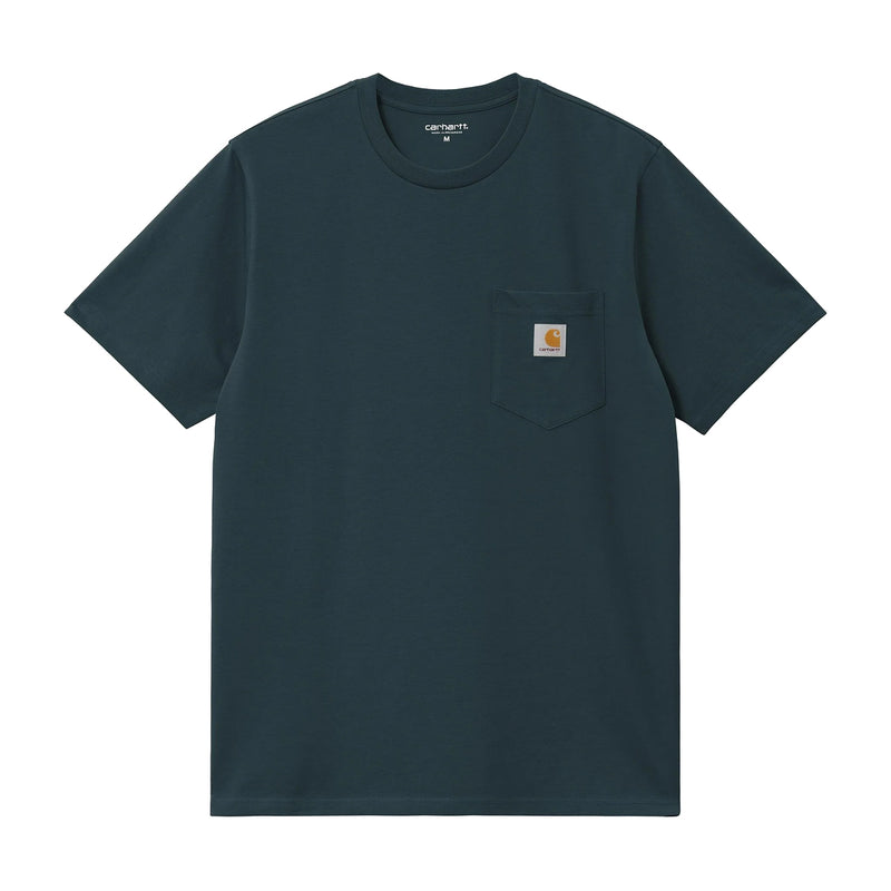 Dark blue t-shirt with a pocket and Carhartt logo on a white background