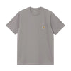 Gray t-shirt with a pocket and visible brand logo on a white background