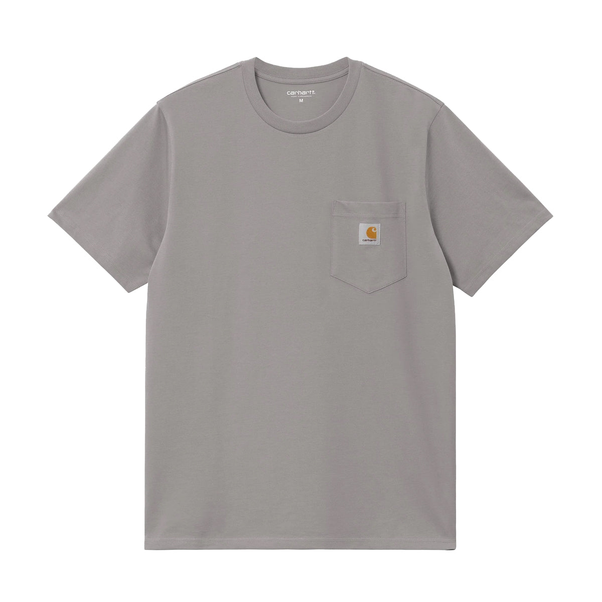 Gray t-shirt with a pocket and visible brand logo on a white background
