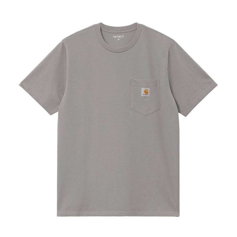Gray t-shirt with a pocket and visible brand logo on a white background