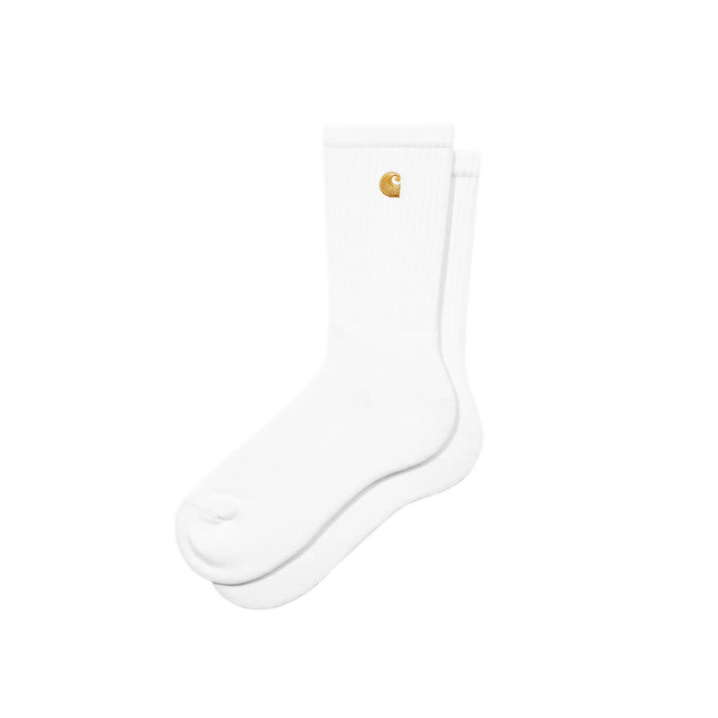 White sock with a gold tag on a white background