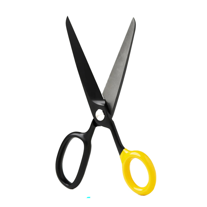 Scissors with black handles and a yellow handle on a white background