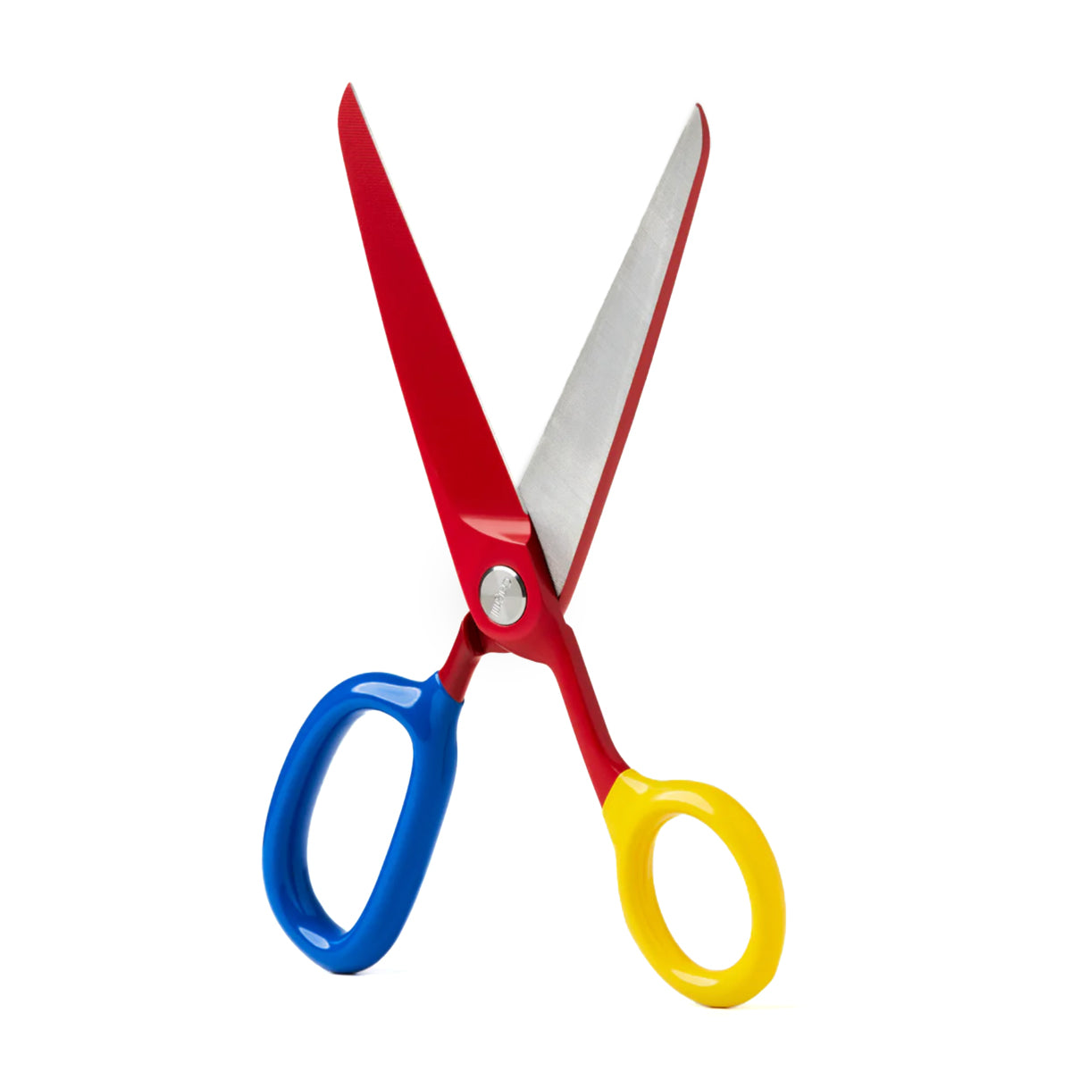 Colorful scissors with red handle, blue handle, and yellow pivot on a white background