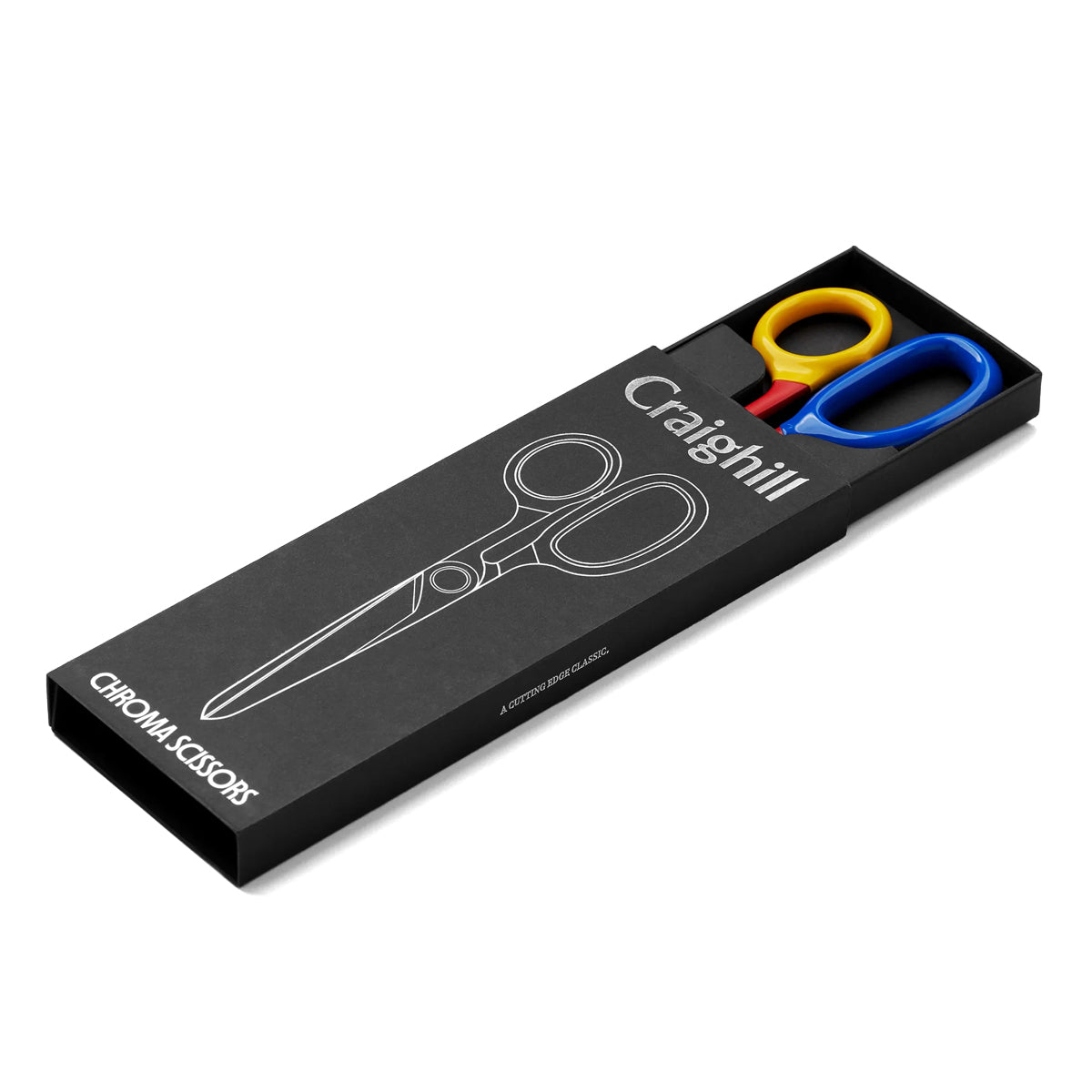 Craighill scissors in a black box with colorful handles on a white background