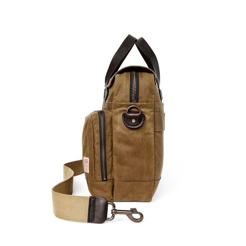 Side view of a brown briefcase with a strap on a white background