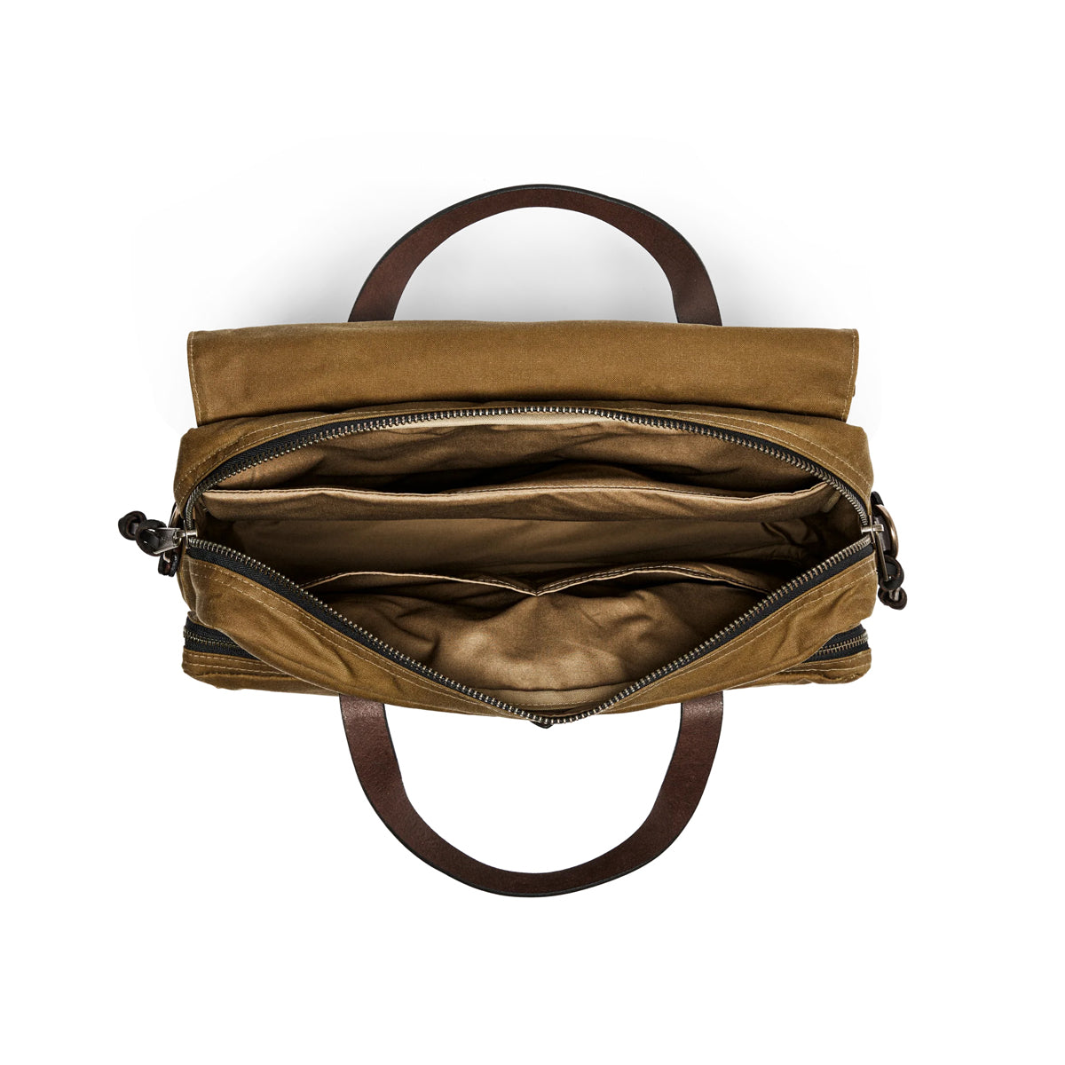 Top view of opened brown briefcase