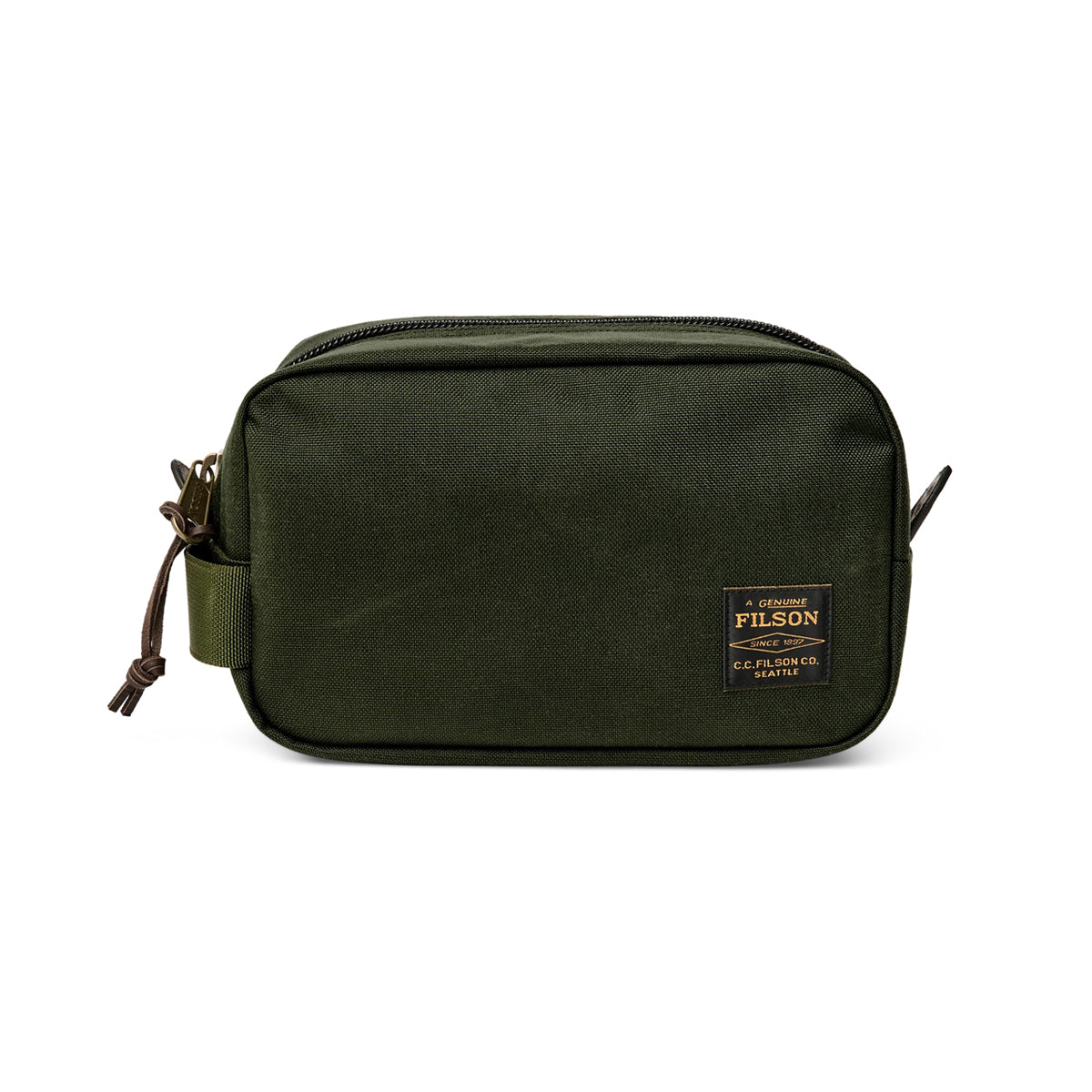 Green toiletry bag with Filson logo on a white background