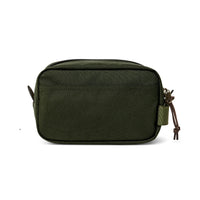 Green toiletry bag with zippers on a white background