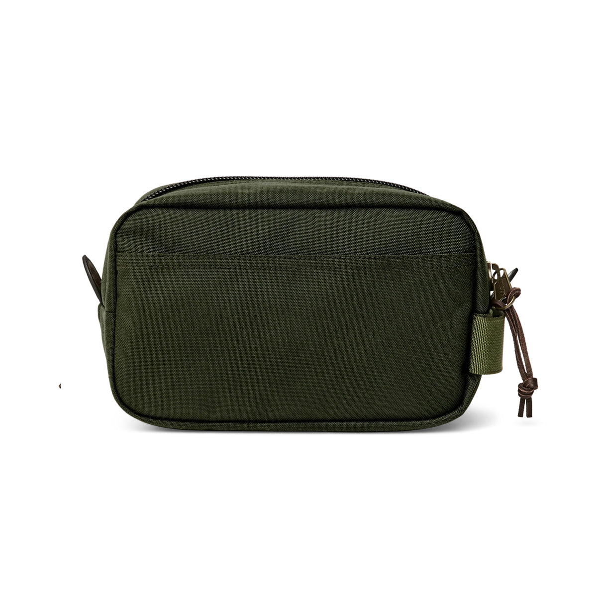 Green toiletry bag with zippers on a white background
