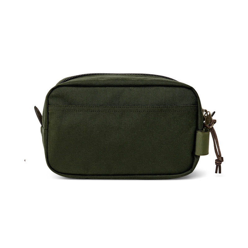 Green toiletry bag with zippers on a white background