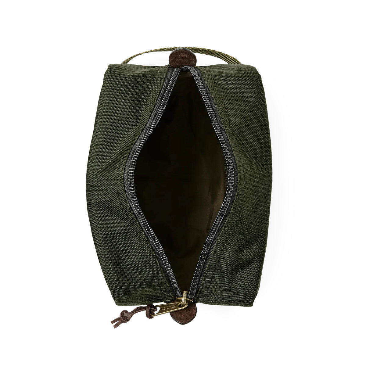 Green toiletry bag with open zipper on a white background