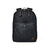 Black backpack with a visible brand label on a white background