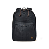 Black backpack with a visible brand label on a white background