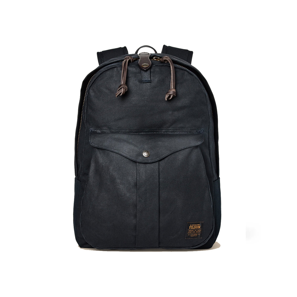 Black backpack with a visible brand label on a white background