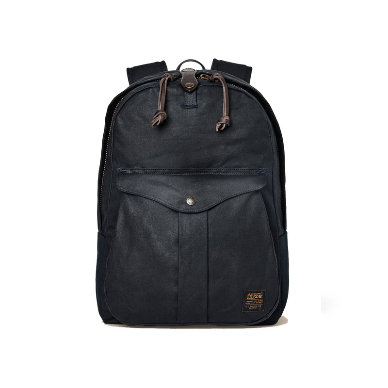 Black backpack with a visible brand label on a white background