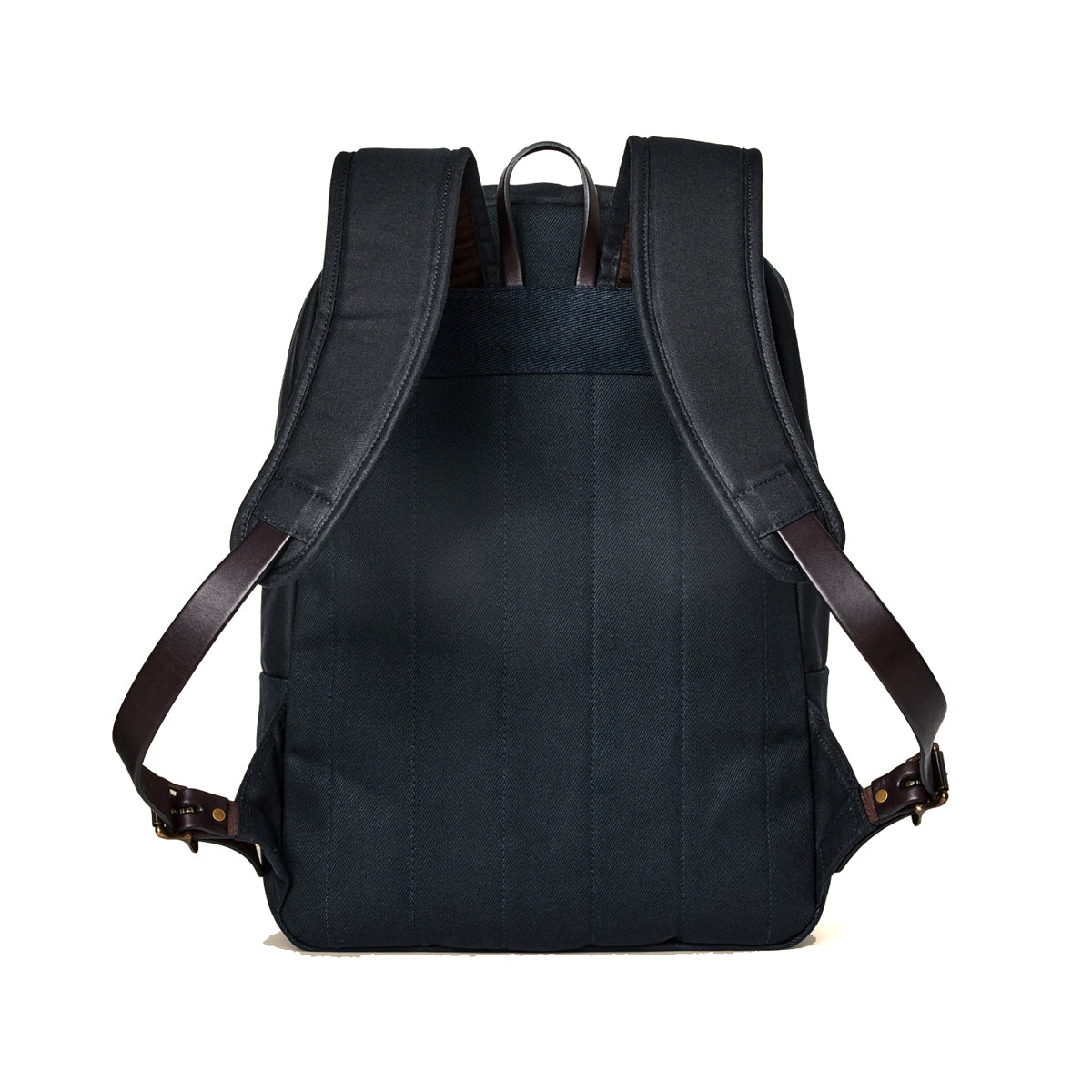 Black backpack with leather straps on a white background