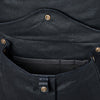 Close-up of a black pocket on backpack with button details on a white background