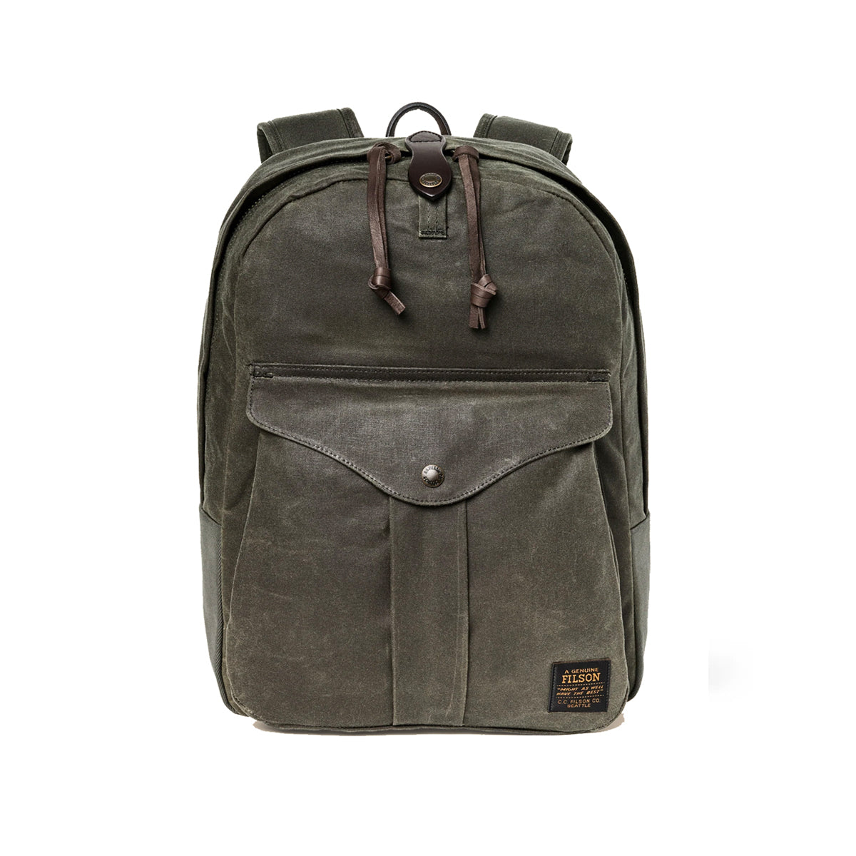 Green backpack with leather straps on a white background