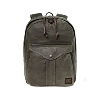 Green backpack with leather straps on a white background