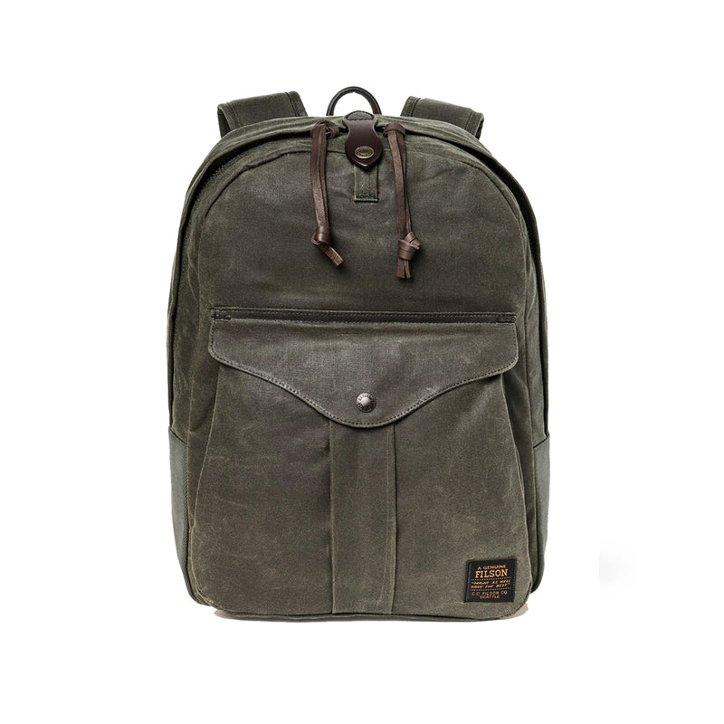 Green backpack with leather straps on a white background