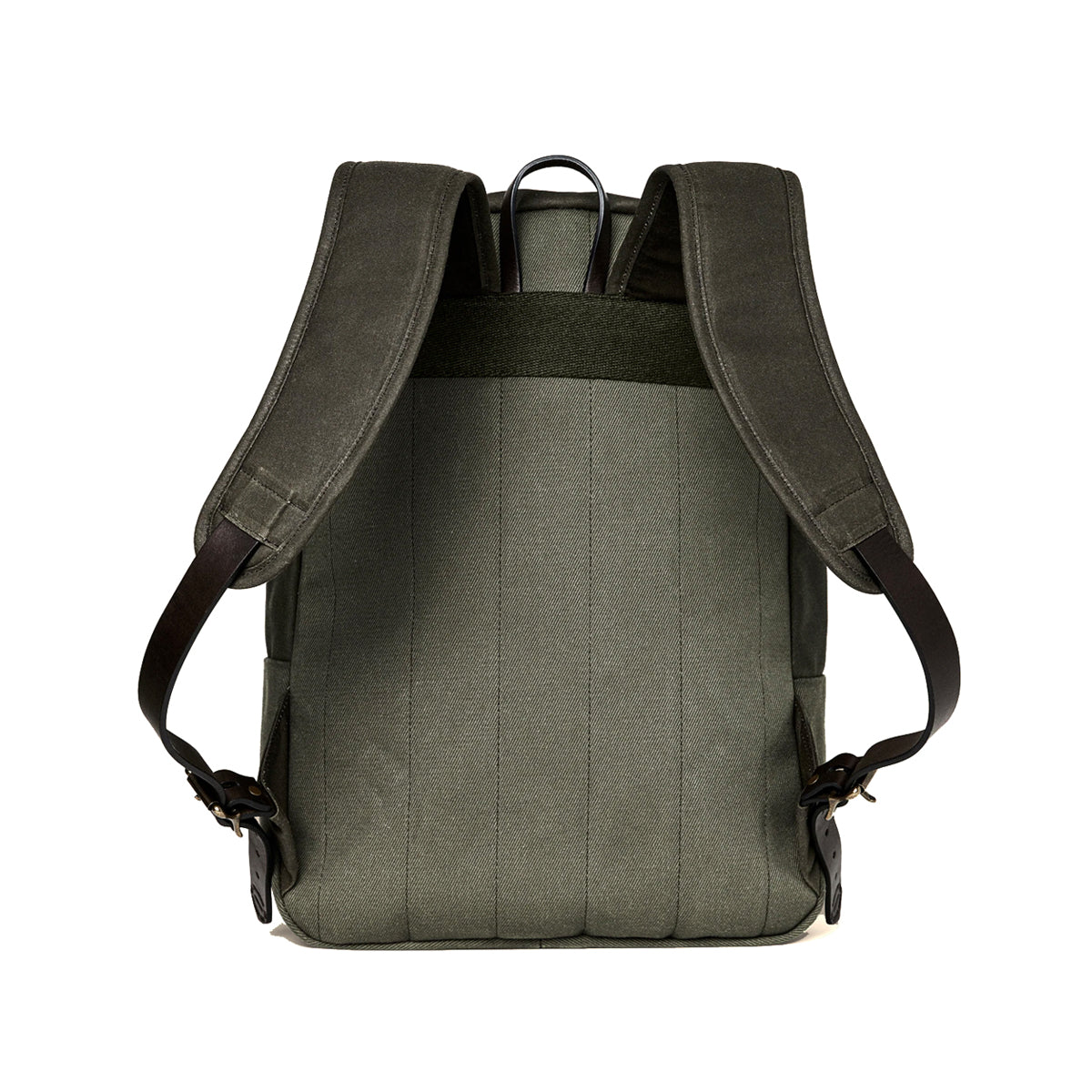 Back view of a green backpack with black straps on a white background