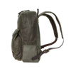 Green backpack with brown straps on a white background