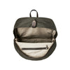 Green backpack with open front compartment on a white background
