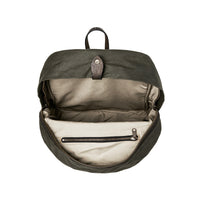 Green backpack with open front compartment on a white background