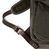 Green backpack with a brown leather strap and buckle on a white background