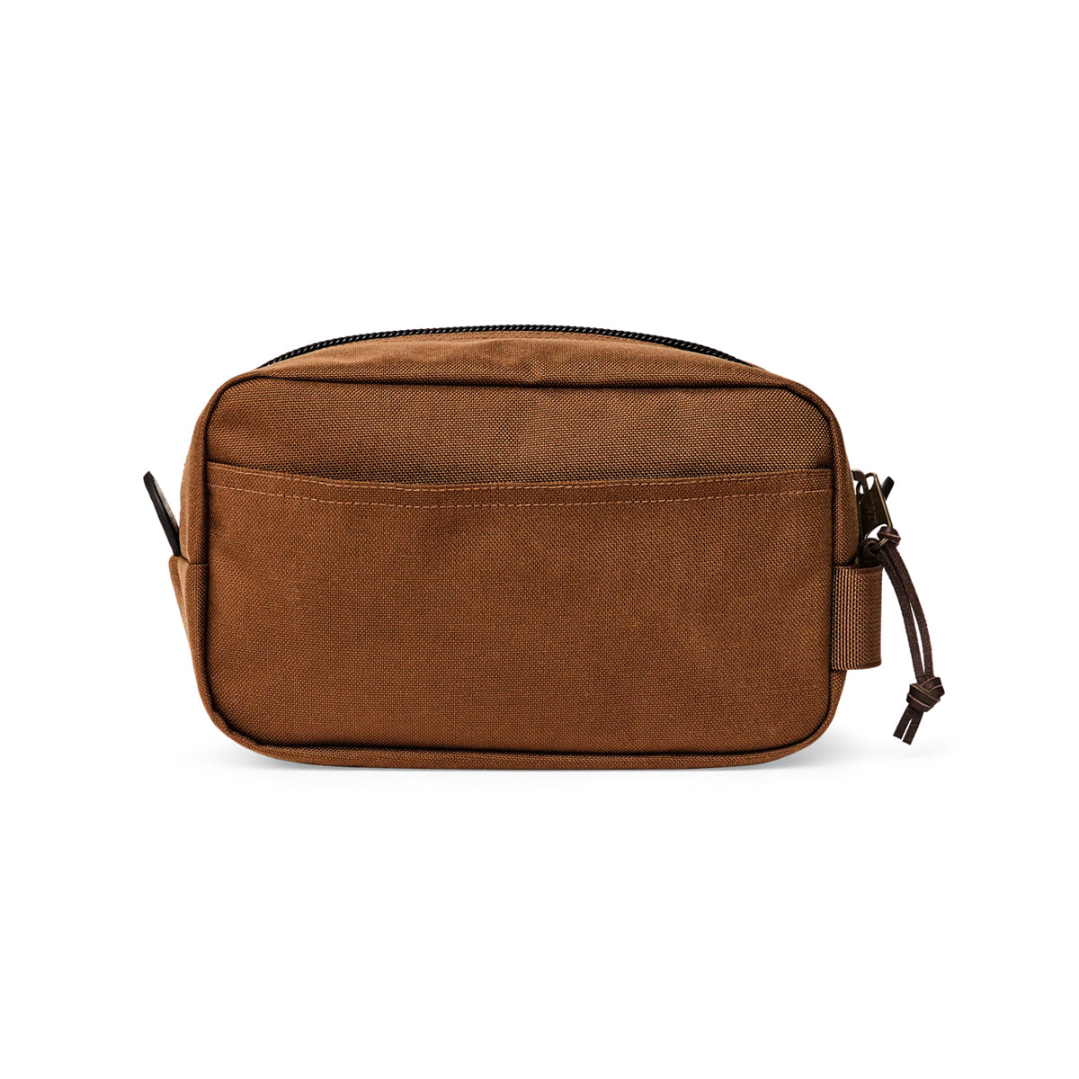 Brown toiletry bag with zippers on a white background