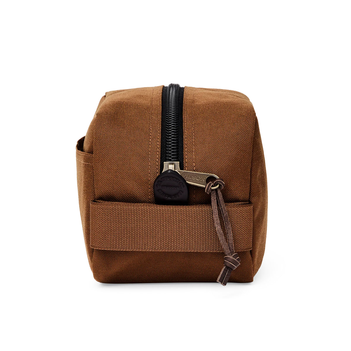 Brown toiletry bag with a zipper on a white background