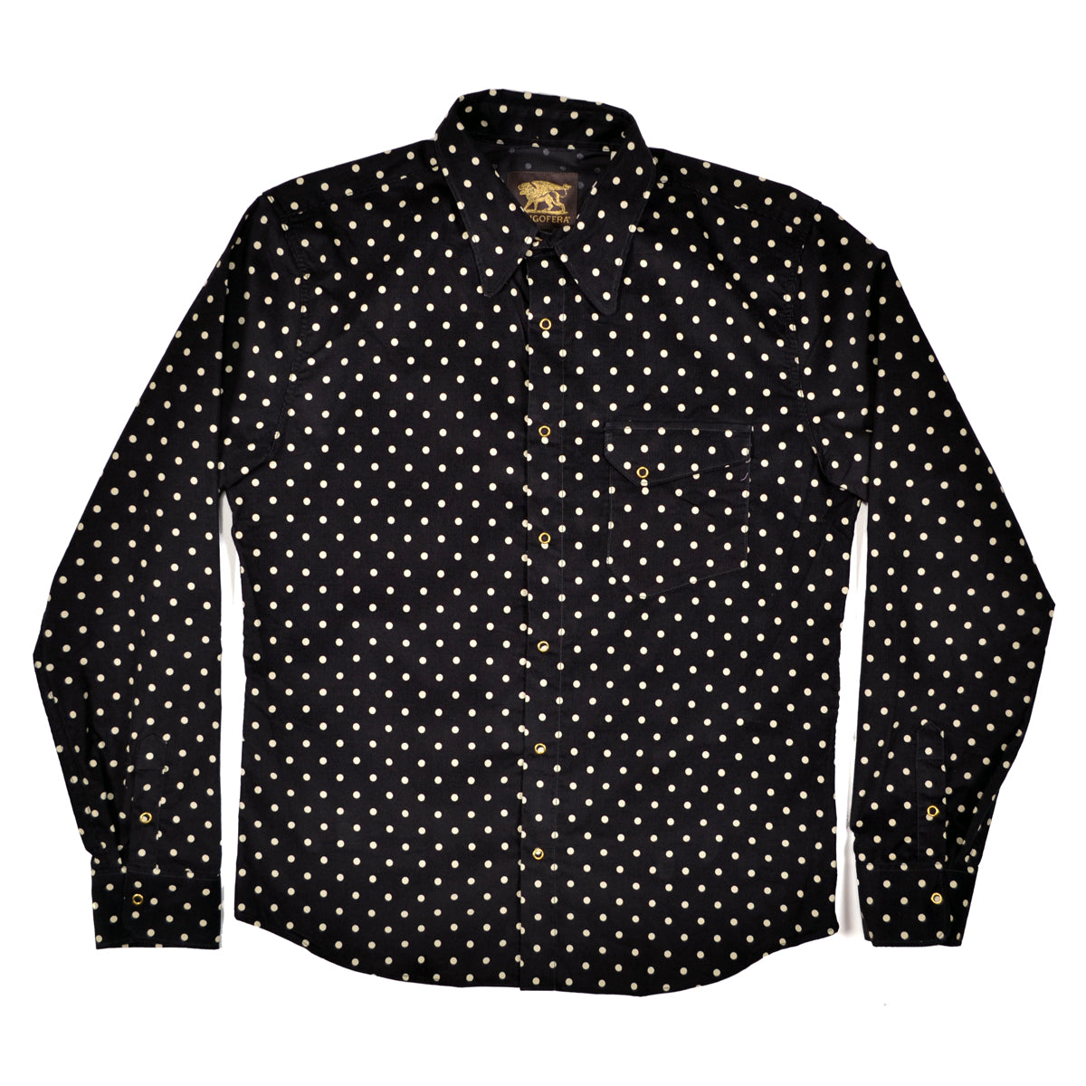 Black shirt with white polka dot pattern on a white background
